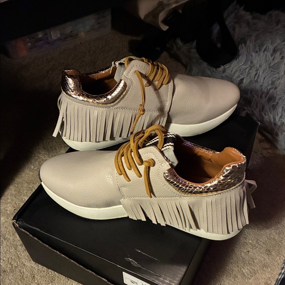 Buckle Cream and Gold Fringe Sneakers